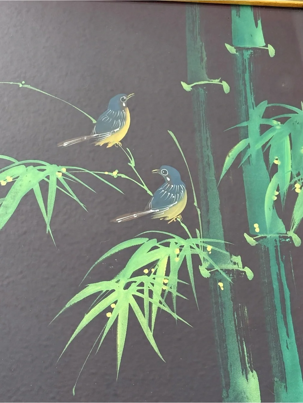 Vintage Asian painted birds bamboo artwork fabric original framed wall hanging
